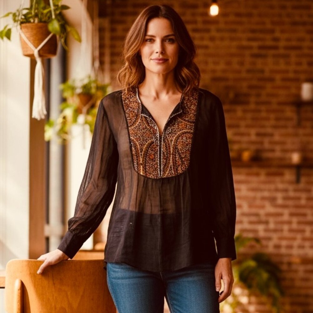 Stella Forest Paris Womens Sheer BOHO Chic Blouse Sz T1/S/36 Beaded Bib #232K‎